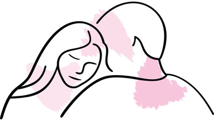 Woman resting head man's shoulder with abstract shapes couple embrace single line