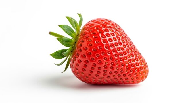 Single ripe strawberry isolated on white background, natural food concept with soft shadow