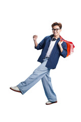 Retail Therapy: A fashionable person strides with an air of carefree confidence, their shopping bags brimming with treasures. The scene is one of pure delight.