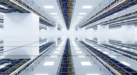 Futuristic data center interior with symmetrical rows of server racks and bright white lighting, representing digital infrastructure, cloud computing, big data management, and secure IT operations