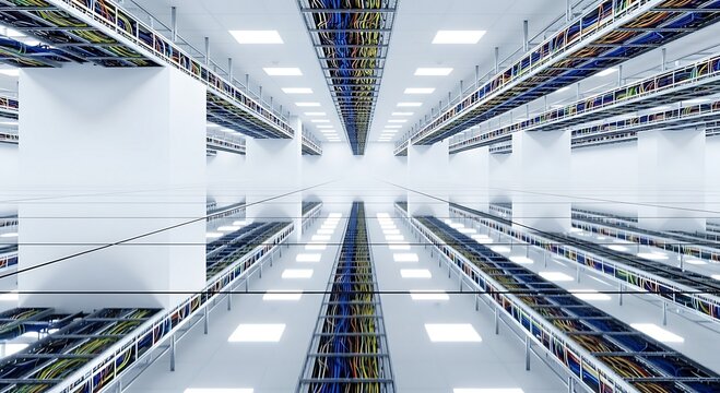 Futuristic data center interior with symmetrical rows of server racks and bright white lighting, representing digital infrastructure, cloud computing, big data management, and secure IT operations