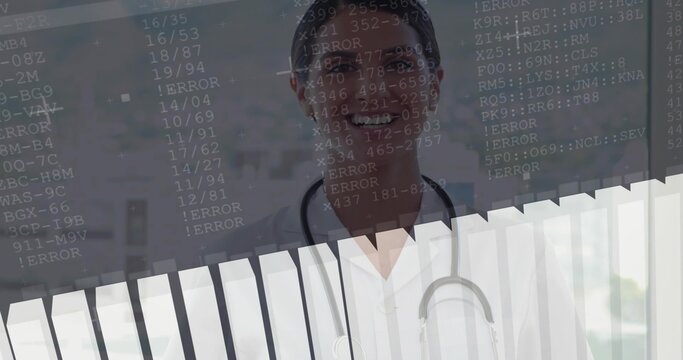 Smiling female doctor standing behind code overlay at clinic, with stethoscope and vertical blinds