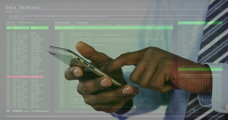 Professional wearing suit hands tapping smartphone in office, with data terminal interface overlay