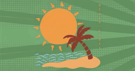 Beach graphic showcasing orange sun, islet, palm, blue wave, vertical BEACH VIBES on green halftone