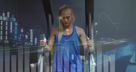 Woman in sportswear exercising on elliptical at gym, with candlestick charts and light trails