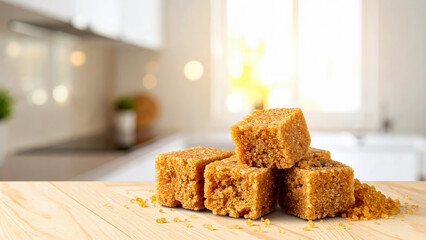 golden brown sugar cubes and granules on a wooden surface.
