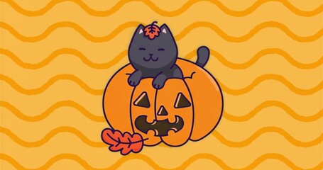 Resting grey cartoon cat atop jack-o-lantern pumpkin on orange backdrop, with orange autumn leaf