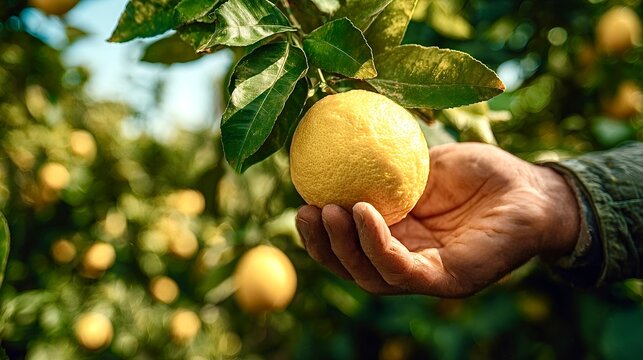 Hand picking fresh lemon fruit in orchard