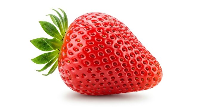 Single ripe strawberry isolated on white background, natural food concept with soft shadow