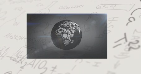 Rotating mechanical gear globe floating in abstract lab environment, with chemical formula doodles