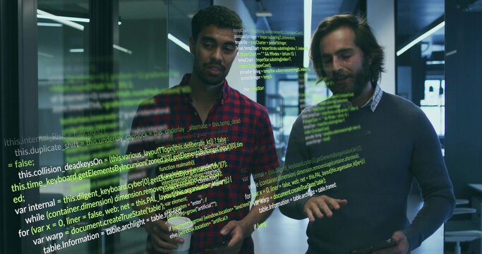 Reviewing code two developers wearing casual shirts using tablet in office with coffee mug, overlay - Powered by Adobe