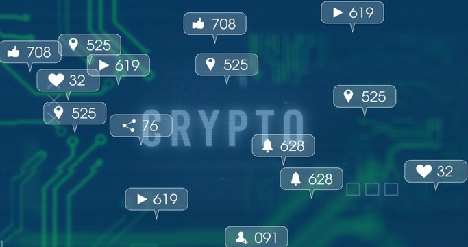 Floating thumbs-up, heart, play button icons filling circuit board interface with CRYPTO text
