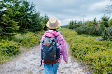 Rear view of a child hiker wearing a straw hat, pink jacket, and large backpack walking on a...