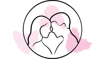 Couple Embracing Profile Silhouette with Brush Strokes Inside Circle love romance single line