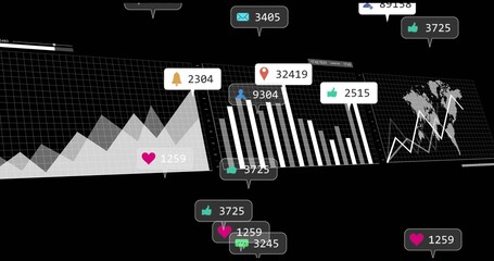 Displaying analytics dashboard in dark UI, with area and bar charts, world map, notification icons