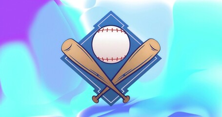 Displaying baseball emblem on blue diamond with wooden bats, white baseball in gradient