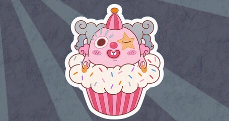 Posing cartoon cupcake with clown face on stage backdrop, with sprinkles, party hat and eye patch