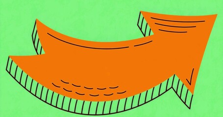 Curving orange arrow pointing right on lime green backdrop, showing hatch shading and accent dashes