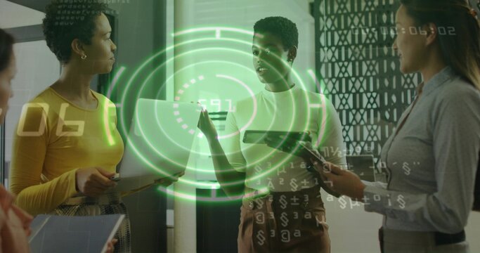 Collaborating four women sharing data in office meeting with devices docs stylus and green hologram