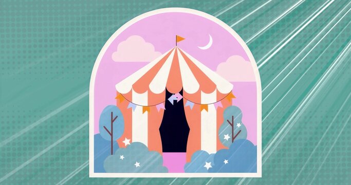 Displaying pink and white striped carnival tent within arched frame, featuring bunting flags