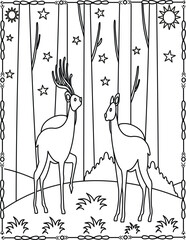 Cute Deer in Forest Coloring Page for Kids And Adults.Woodland Animals Illustration.