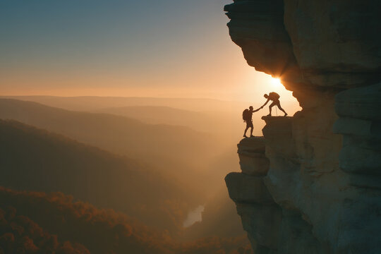Two mountaineers helping each other climb mountain at sunset