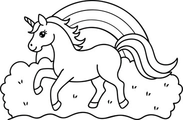 Obraz premium Cute fantasy unicorn running through a vibrant meadow under a colorful rainbow perfect for children s designs and magical themes