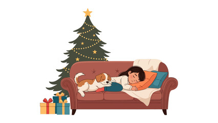 Cozy Christmas Nap: A young person enjoys a peaceful moment with a canine companion beside a decorated tree on a comfortable sofa during the holiday season. 