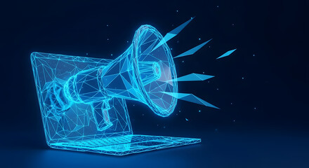 Digital megaphone emerging from laptop screen announcing online marketing and social media communication
