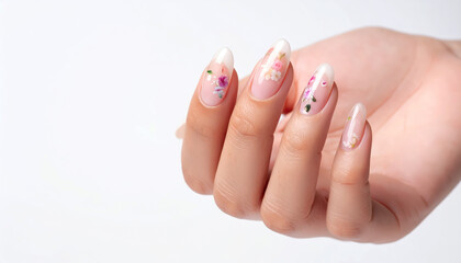 beautifully manicured nails featuring floral and glitter designs.