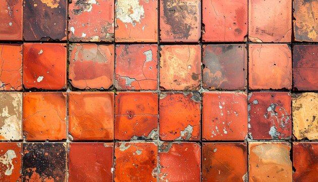 Old Deep Red Terracotta Square Tiles, Top View