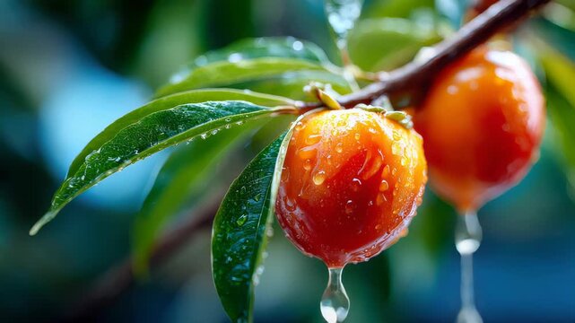 Vibrant ripe persimmons covered with dew hanging among lush green leaves, symbolizing freshness and harvest season
