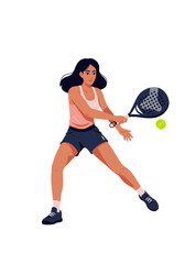 Vector illustration of a young woman in sportswear playing padel, hitting a ball with a racket on a white background.