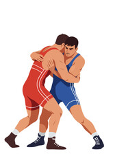 Two male wrestlers in red and blue singlets grappling in a competitive match on a white background.