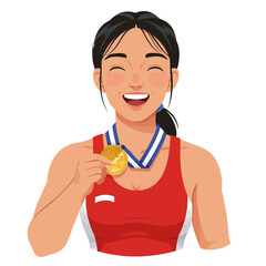 A joyful female athlete in a red top smiling proudly while holding her gold medal after a victory.