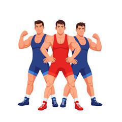 A team of three strong male wrestlers in red and blue singlets flexing their muscles.