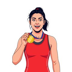 Joyful female athlete in a red uniform proudly celebrating her victory with a gold medal.