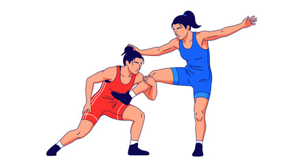 Two female wrestlers in red and blue singlets competing in a match on a white background.