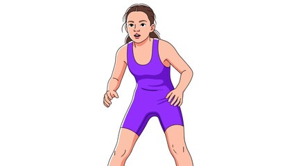 Illustration of a young female wrestler in a purple singlet standing in a ready stance on a white background.