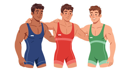 Three diverse male wrestlers in colorful singlets standing together as a team, smiling and embracing.