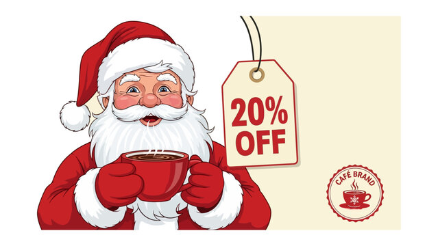 Festive Delight: Santa Claus indulges in a cup of coffee while advertising a special 20% discount offer, presenting a cheerful promotion.