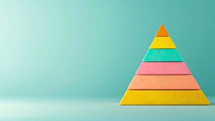 A colorful pyramid model representing various levels and hierarchy, set against a calming backdrop. This abstract design represents progression, structure, and organization