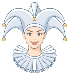 Beautiful smiling woman in a jester hat and ruff collar cartoon portrait