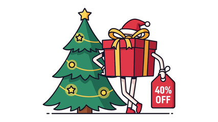 Holiday Gift Promotion: A festive holiday illustration presents a charming scene, featuring a vibrant Christmas tree with a star topper and a whimsical gift box character.