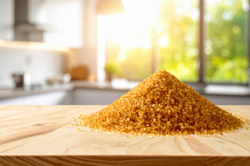 A pile of brown sugar sits on a wooden table in a bright, sunlit kitchen.