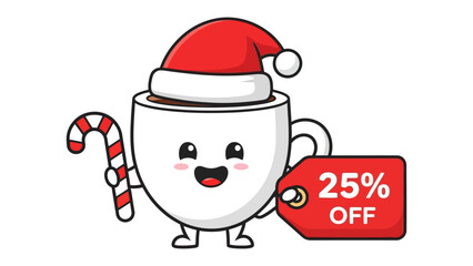 Festive Coffee Delight: A cheerful cup of coffee, adorned with a Santa hat and holding a candy cane, gleefully displays a 25% discount tag, embodying holiday cheer and inviting warmth.