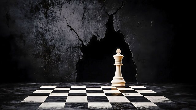 The solitary king chess piece stands on a chessboard, with a dramatic, textured background