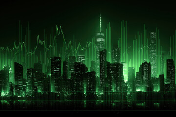 Naklejka premium Modern city skyline featuring tall skyscrapers illuminated with green digital light effects, abstract financial graph lines overlaying buildings, representing futuristic urban technology