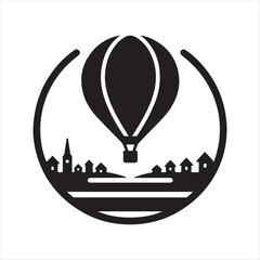 Hot air balloon over distant town vector silhouette sketch art logo illustration