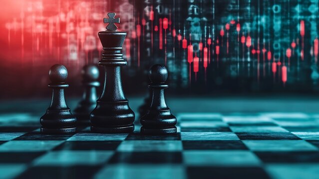 Chess pieces on a chessboard with a financial graph background, symbolizing strategic financial planning